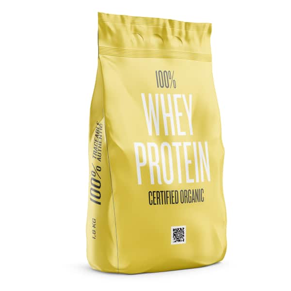 Bag of whey protein, certified organic by kezzler's technology.